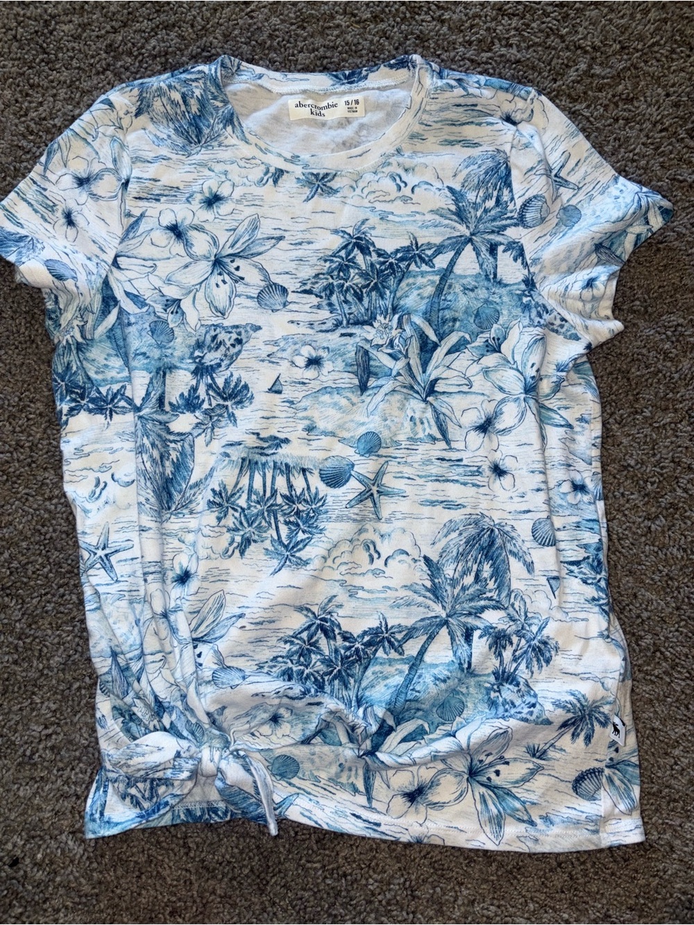 Abercrombie Kids 15/16 Blue Hawaiian Tropical Print T-Shirt Y2K
